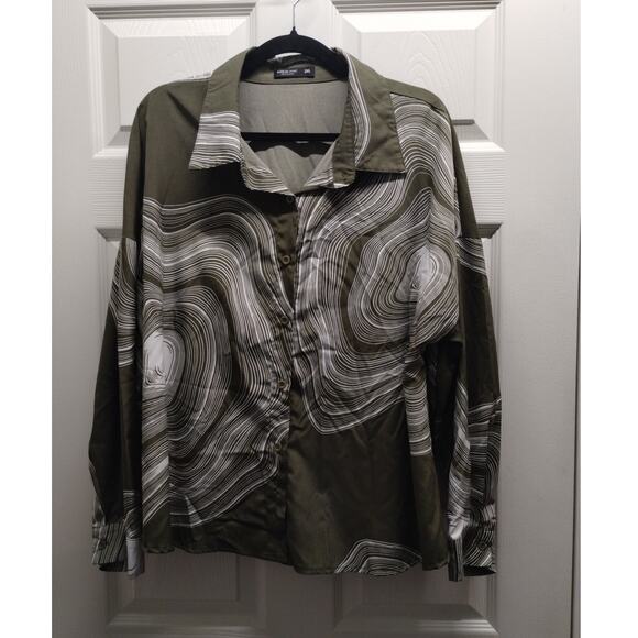 SHEIN Curve Size 2XL Green White Abstract Swirl Long Sleeve Button-Up Shirt - Picture 1 of 6